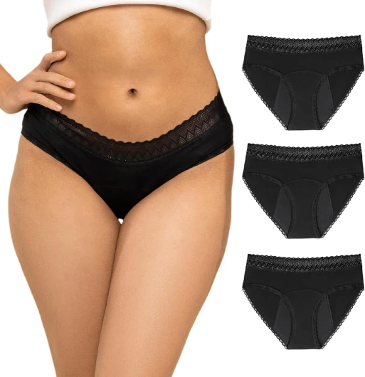 Lot 3 Culottes Menstruelles Noires en Coton Bio - Protection Hygiénique Absorbante Lavable - sous Vetement Écologique 4 Couches Anti-Fuite pour Regle