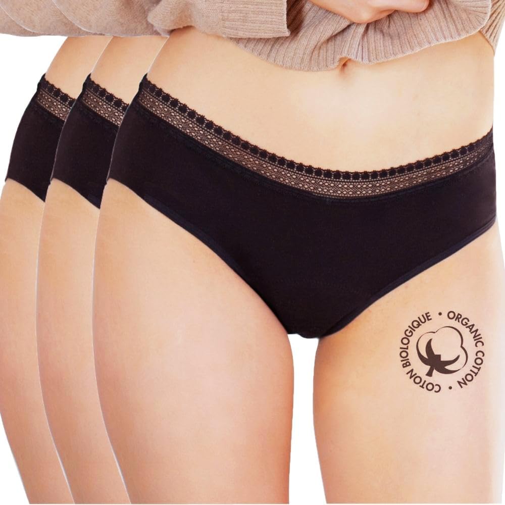 ECO Pack Lot de 3 Shorty Menstruel en Coton Biologique - Culotte Menstruelle Flux Abondant - Culotte Absorbante Lavable & Réutilisable - Adolescente & Femme Grande Taille/Lot x3 Shorty S S Lot 3 Shorty Bas - Coton Bio