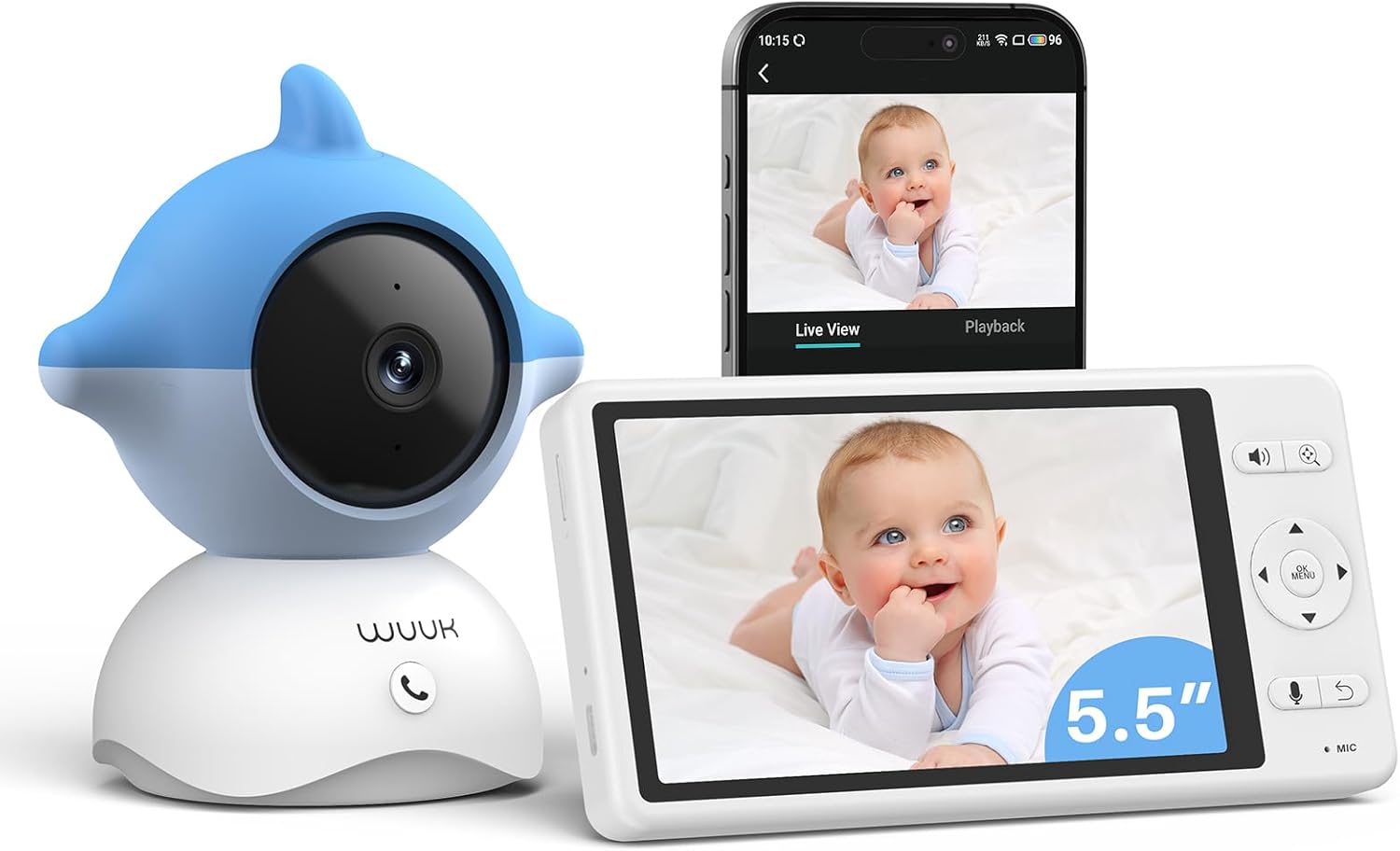 2K/3MP 5.5'' Babyphone Caméra, Vidéo Bébé Surveillance 360° PTZ avec APP, Alerte des Mouvements/Crier/Température et d'humidité, Vision Nocturne Ultra HD, Batterie 3700mAh, Ultra Grand Angle 135° Bleu
