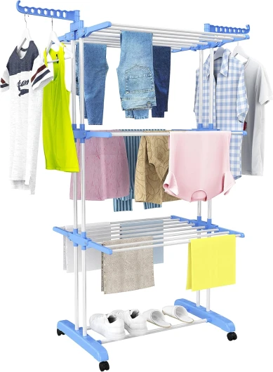 HOMIDEC Etendoir Linge Interieur, 4 Niveaux Grande Sechoir a Linge Pliable avec Roues, Acier Inoxydable Seche Linge Etendoir pour Usage Intérieur et Extérieur, Bleu