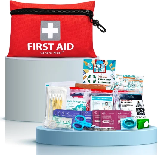 General Medi Trousse de Premiers Secours Composée de 92 Articles pour la Maison, Le Véhicule, Les Voyages, Le Bureau, Le Lieu de Travail, la Randonnée, la Survie et l'Extérieur (Rouge)