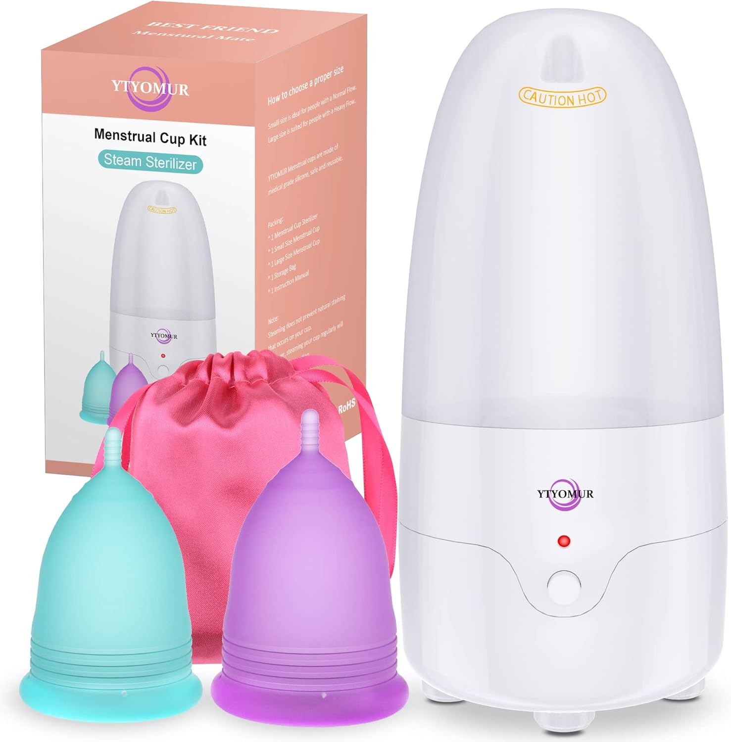 YTYOMUR Stérilisateur à Vapeur pour Coupe Menstruelle avec 2 Coupes Menstruelles Réutilisables, Kit de Lavage Nettoyant pour Coupes Menstruelles Transparent