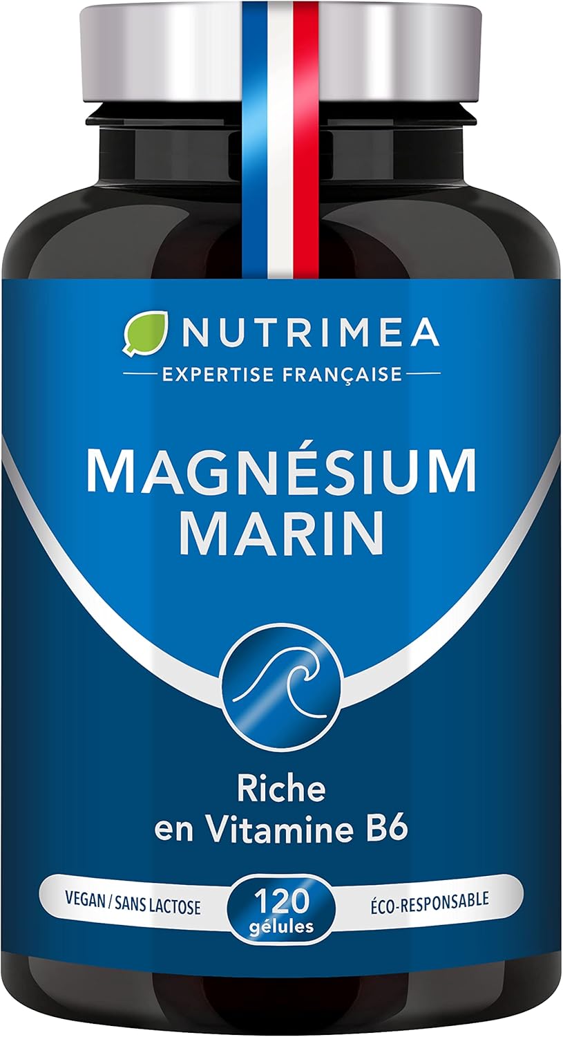 Magnésium Marin et Vitamine B6 - Breveté Simag55™ - Combat Efficacement la Fatigue - 150 mg/jour - 120 Gélules d'Origine Végétale - 4 Mois de Cure - Fabrication Française - Nutrimea Magnésium Marin Pilulier