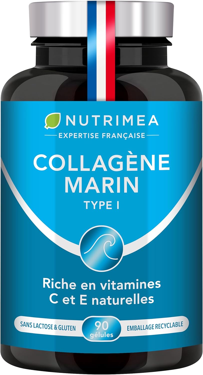 COLLAGENE MARIN - Type 1 BREVETÉ Pur et Naturel - Vitamines A, C & E Végétales - Nutrimea - Hydratation de la Peau - Protège Os et Articulations - 900 mg - 90 Gélules - Fabriqué en France