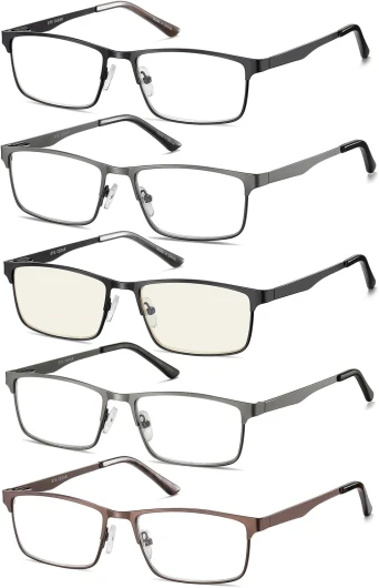 Amcedar 5 Paires Lunettes de Vue Lecture Hommes Rectangulaire style de cadre Acier Inoxydable Materiaux Charniere a ressort Compris Ordinateur Lunettes de Lecture +2.00 +2 Grossissement (Lot de 5) 5 Couleurs Melange