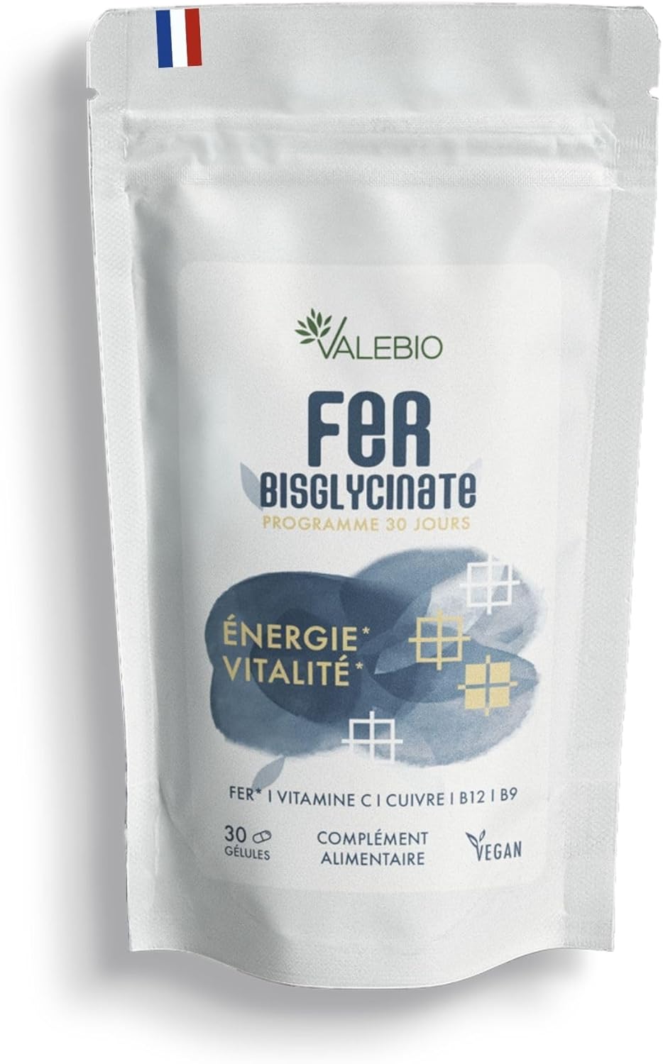 Fer bisglycinate + vitamines C, B9 & B12 - Vitalité & immunité - Haute absorption, breveté Ferrochel® - 1 mois, vegan & fait en France - Valebio