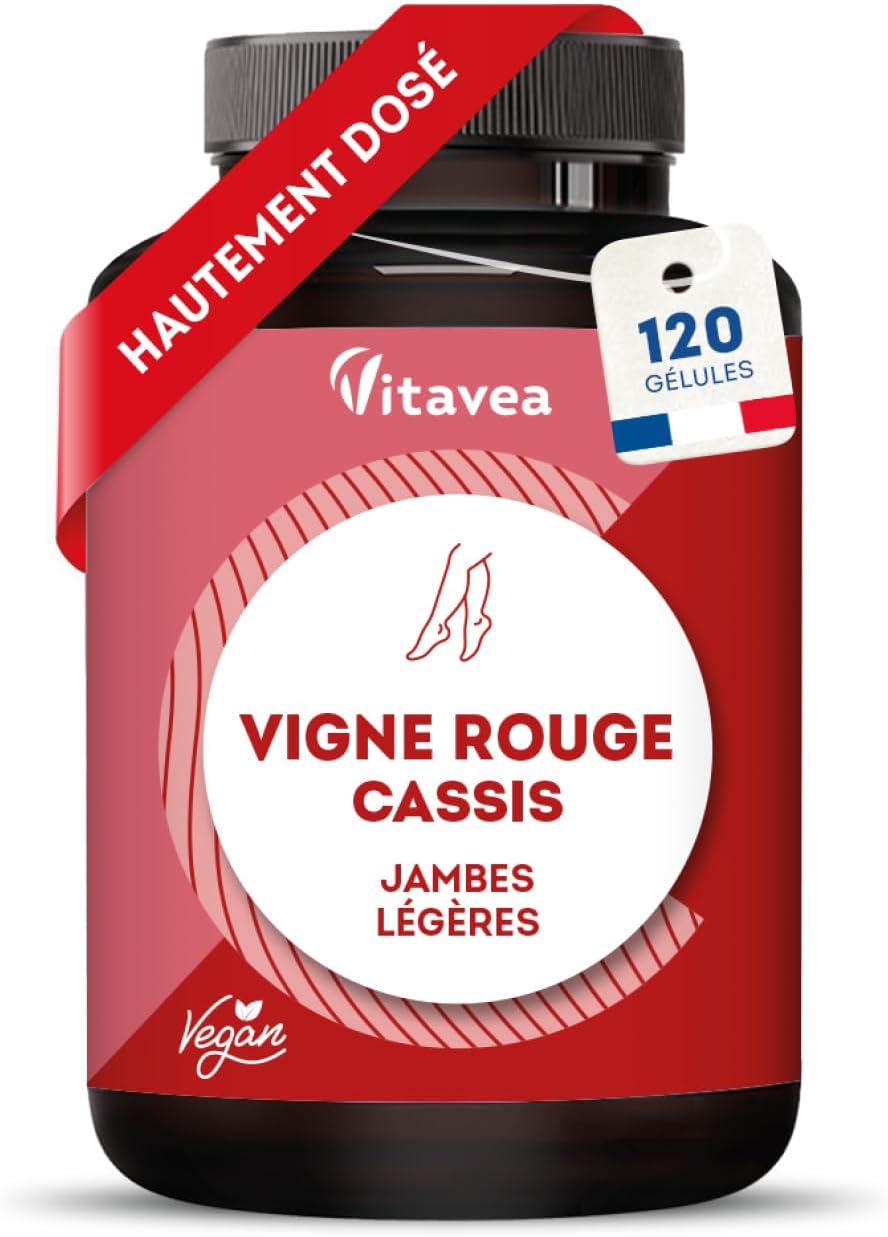 Circulation Sanguine Jambes Légères - Vigne Rouge, Cassis - Drainant Puissant Rétention d’Eau - Bien-Être Circulatoire - 120 Gélules - 60 jours - Fabriqué en France - Vitavea