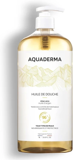 Aquaderma Huile Douche Aloe Vera & Huile d'Argan 1L - 96% Origine Naturelle & Made In France - Nourrit & Protège - Tous Types de Peaux, Visage & Corps - Hypoallergénique