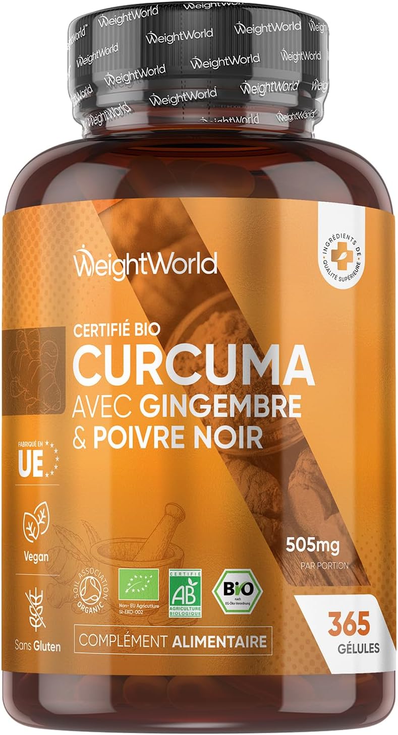 Curcuma Bio Gélules, Poivre Noir & Gingembre, 365 Gélules Vegan pour 1 An - Turmeric Capsules Certifié Agriculture Biologique - Source de Curcumine, Vitamines, Minéraux, sans OGM, Fabriqué en Europe