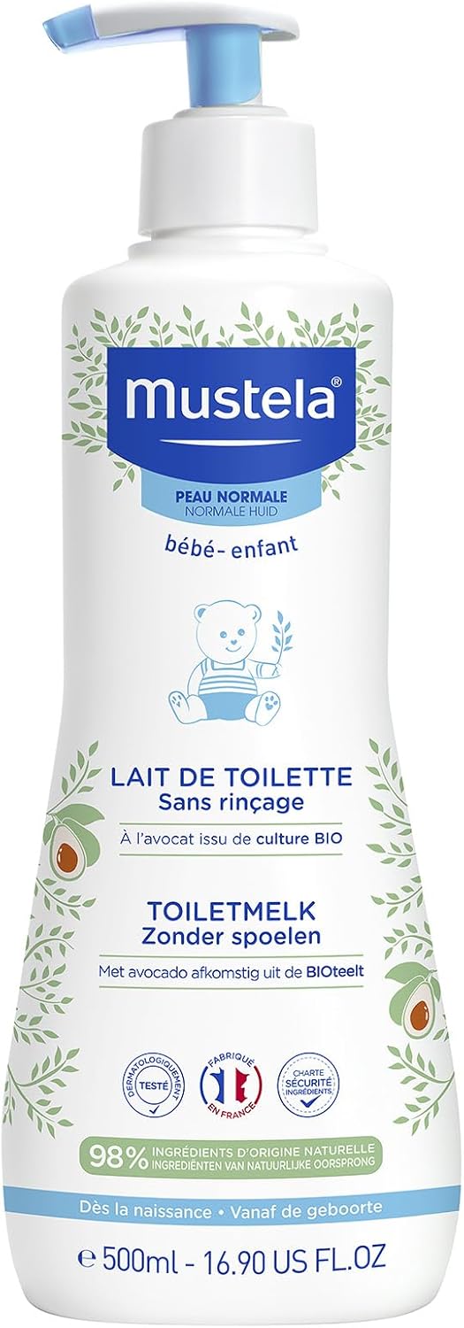 Mustela Lait de Toilette à l'Avocat Perséose BIO, Visage, Corps, Change, Bébé, Enfant, Famille - Nettoie sans rincer, 98% d'ingrédients d'origine naturelle (500ml) Blanc 500 ml (Lot de 1)