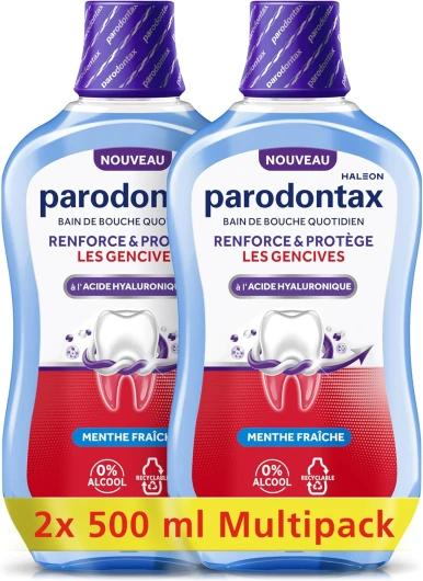 Bain de Bouche Quotidien à l'Acide Hyaluronique - Renforce & Protège les Gencives - Combat les Bactéries de la Plaque Dentaire - 0% Alcool - Menthe Fraîche - 2 x 500 ml