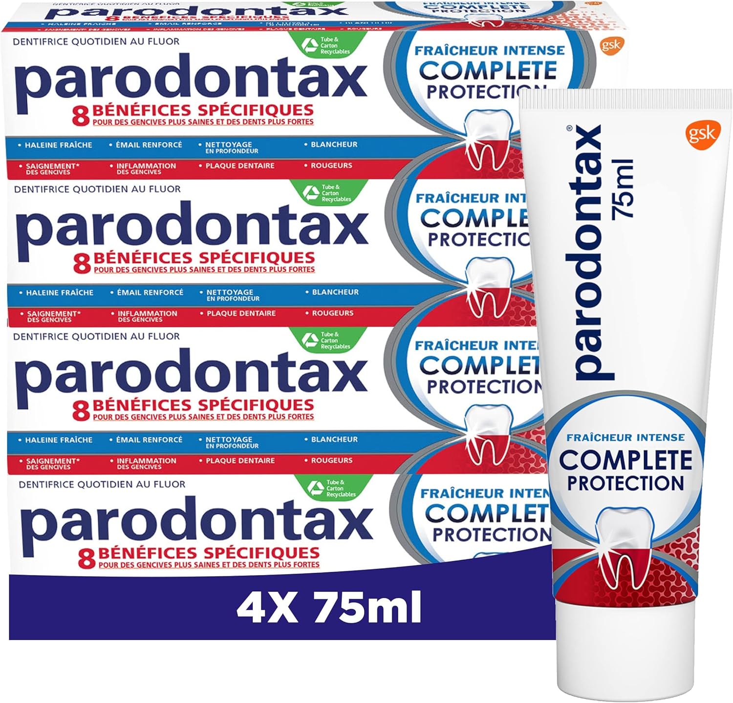 Dentifrice Complete Protection Fraîcheur Intense - Offre 8 Bénéfices Spécifiques pour des Gencives Saines & des Dents Fortes - Aide à Garder l'Haleine Fraiche - 4 x 75 ml