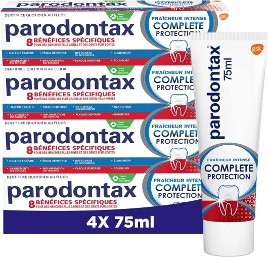 Dentifrice Complete Protection Fraîcheur Intense - Offre 8 Bénéfices Spécifiques pour des Gencives Saines & des Dents Fortes - Aide à Garder l'Haleine Fraiche - 4 x 75 ml