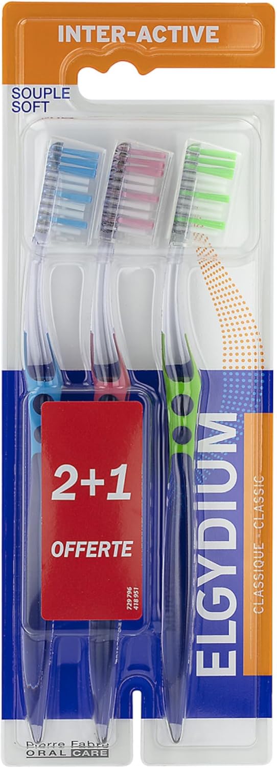 Elgydium Brosse à Dents Inter-Active Souple 2 Brosses à Dents + 1 Offerte