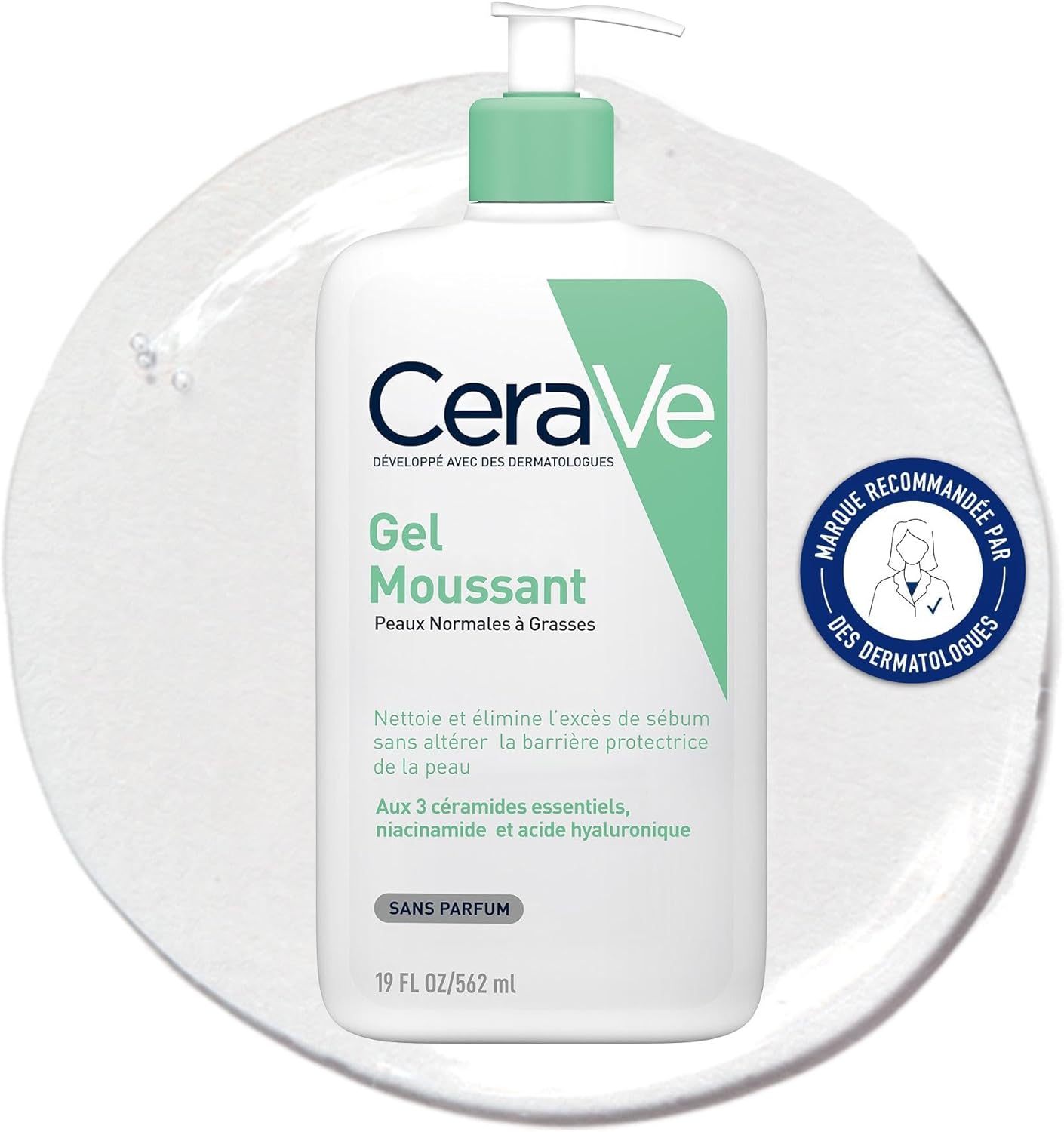 CeraVe - Gel Moussant - Nettoie et Elimine l'Excès de Sébum Sans Altérer la Barrière Cutanée - Acide Hyaluronique, Céramides et Niacinamide - Peau Normales à Grasses Gel Moussant 562 ml