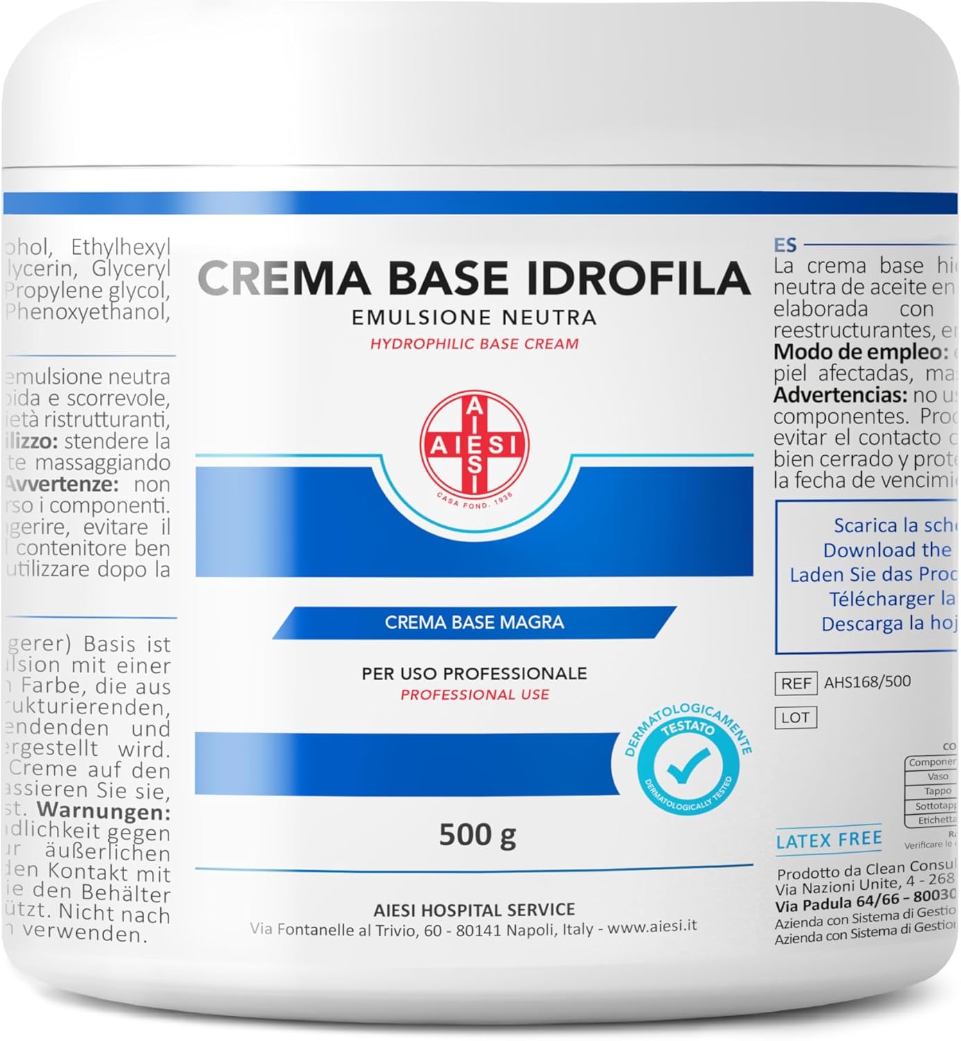 AIESI® Crème de Base hydrophile pure émulsion neutre maigre (Flacon de 500 grammes), Idéal pour une utilisation pharmaceutique, cosmétique et dermatologique, Made in Italy