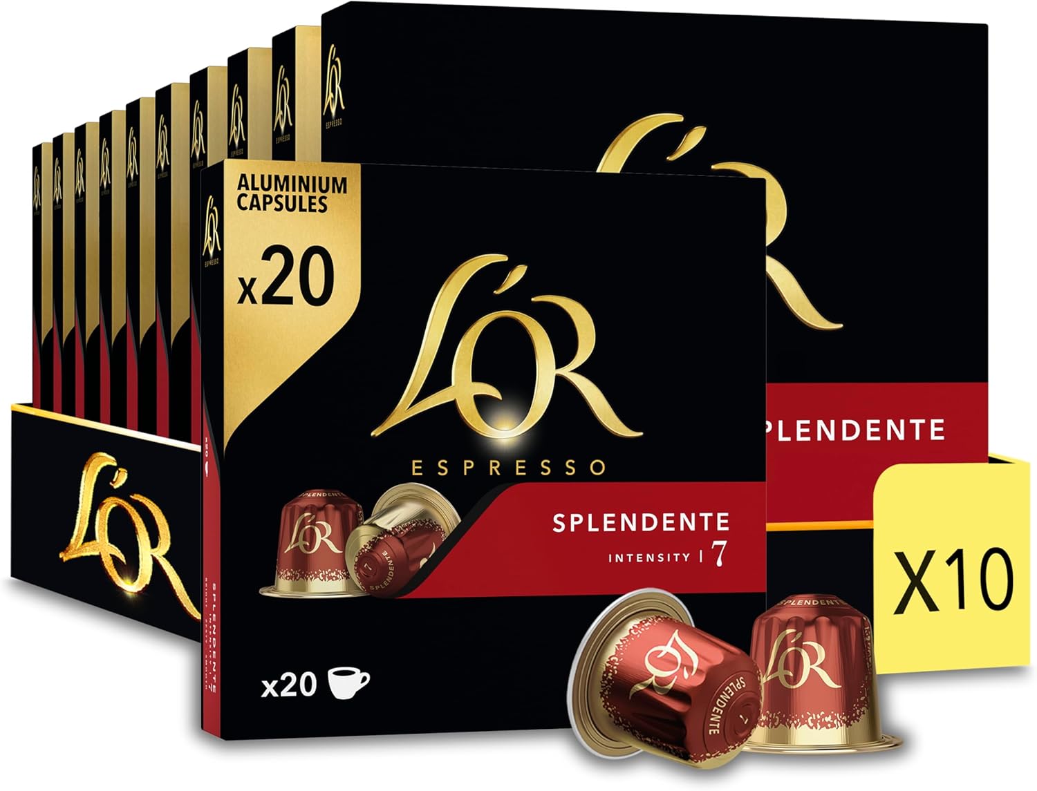 L'OR Splendente - 200 Capsules de Café intensité 7 - Compatibles Nespresso®* (lot de 20 x 10) Splendente n° 7 20 unité (Lot de 10)
