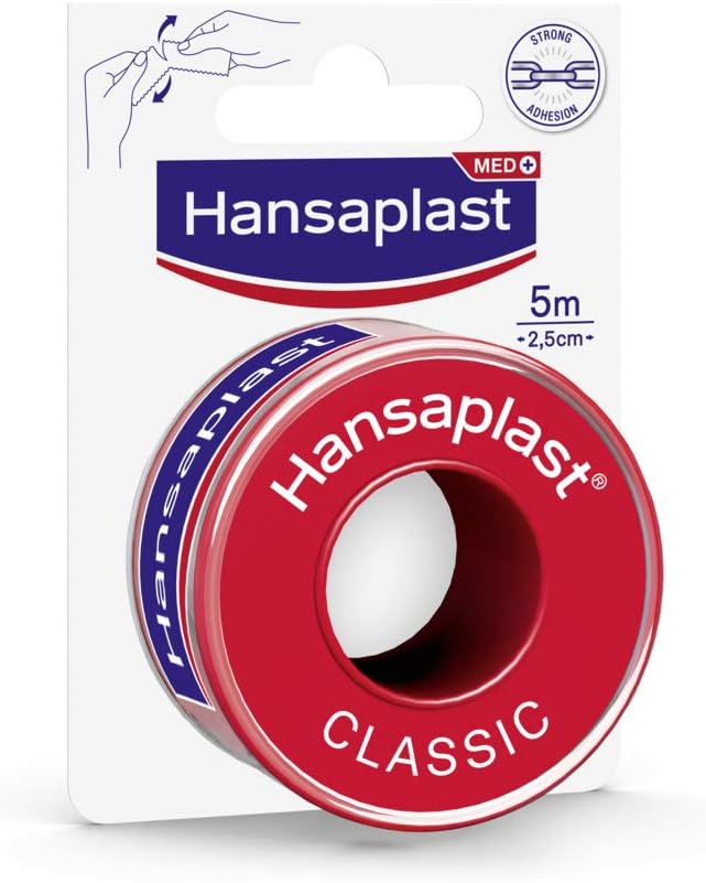 Hansaplast CLASSIC Sparadraps de 5 m x 2,5 cm, Sparadrap médical pour fixer efficacement les bandages, Pansement adhésif déchirable à la main