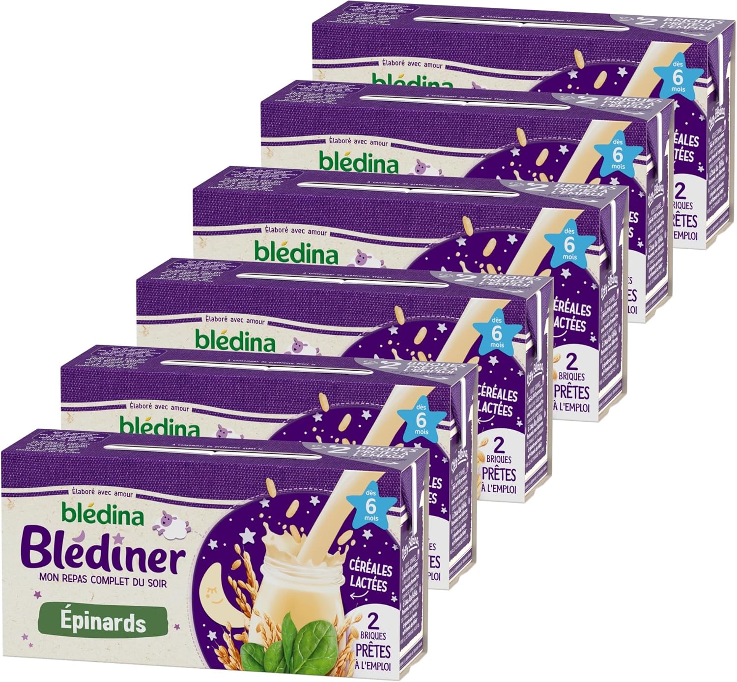 Blédîner - Briques pour le Dîner de Bébé - Céréales Lactées Epinards - dès 6 Mois - 12 briques de 250ml