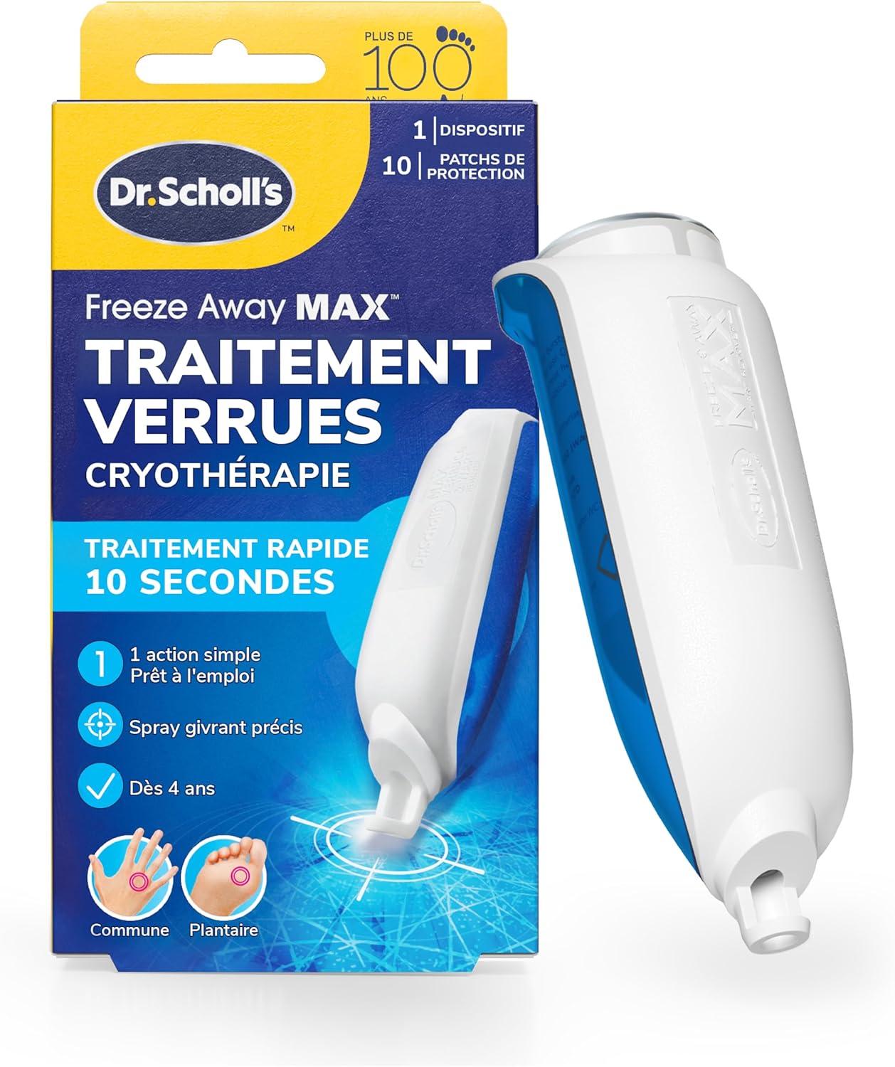 Dr - Scholl's Traitement verrues Freeze Away MAX mains et pieds par cryothérapie - Traite en 10 secondes seulement - A partir de 4 ans - Spray précis permettant une élimination en toute sécurité