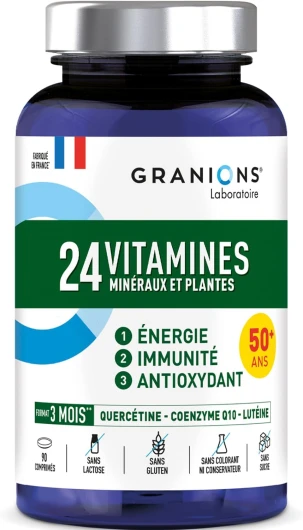 24 VITAMINES - Multivitamines et Minéraux - Magnesium, Zinc, Vitamine C, Selenium, Coenzyme Q10, Luteine - Energie, Immunité - Vitamines Adultes - 90 Comprimés - 3 MOIS - Fabriqué en FRANCE 24 VITAMINES SENIOR