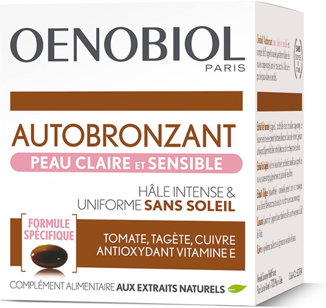 Compléments Alimentaires - Autobronzant - Peau Claire et Sensible - Visage et Corps - Programme 1 mois - 1 Boîte de 30 Capsules