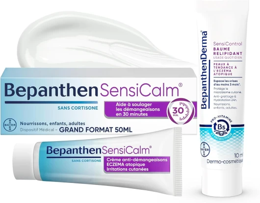 Sensicalm Crème Eczéma & Anti Démangeaisons - Soulagement Rapide 30 min - Eczéma Atopique - Sans Parfum ni Cortisone - Grand Format 50g + BepanthenDerma SensiControl Baume Relipidant 10ml SensiCalm 50g + SensiControl 10ml