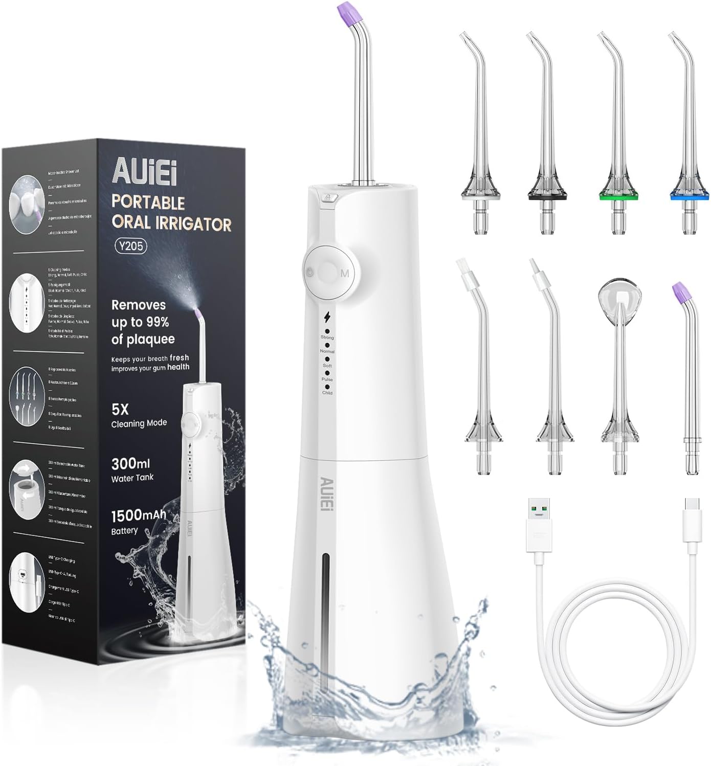 AUIEI Jet Dentaire Hydropulseur Portable Water Flosser, Irrigateur Oral 5 Modes et 8 Buses,Réservoir 300ML, USB Chargé, Étanche IPX7,Convient Gencive Sensible (Blanc)