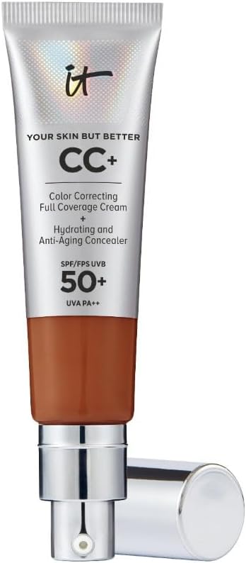 IT Cosmetics, Crème CC+ Anti-Âge Your Skin But Better, Haute Couvrance, Waterproof, Enrichi en Peptides, Collagène & Vitamines, Fini Naturel Deep 32 ml (Lot de 1)