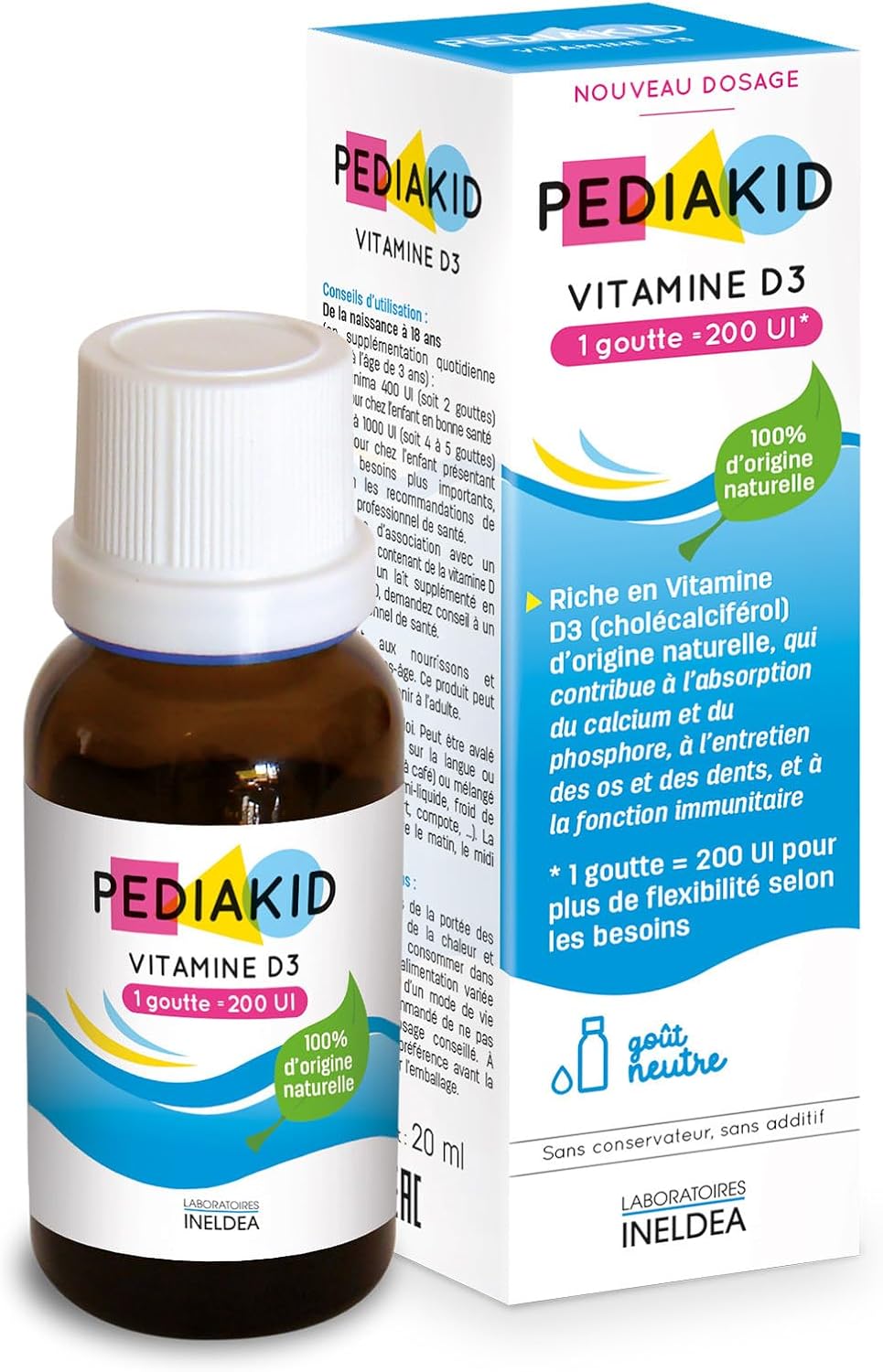 Vitamine D3 100% d'origine naturelle - Renforcement des défenses naturelles - Dès la naissance - Couvre 200% des apports journaliers recommandés - Flacon de 20ml Unitaire