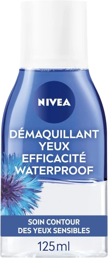 NIVEA Démaquillant Yeux Double Action au Bleuet (1 x 125 ml), nettoyant visage enrichi en eau purifiée, soin visage femme pour tous types de peaux, format voyage Double Action au Bleuet 125Ml