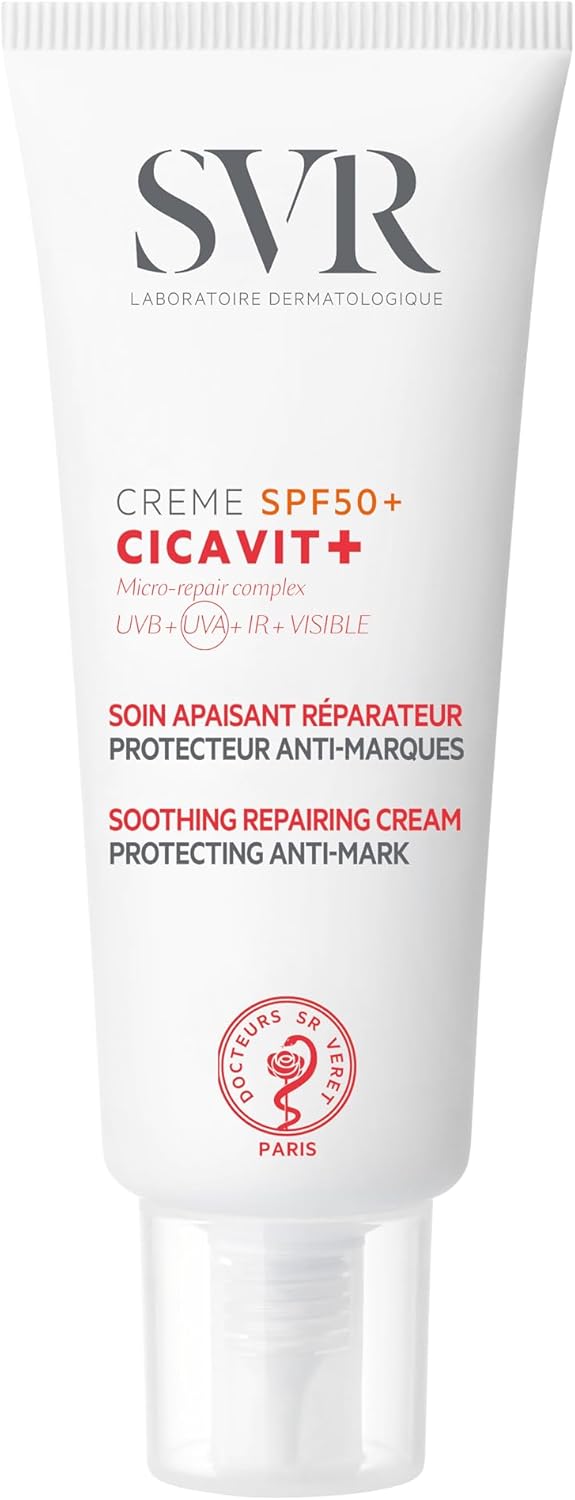 SVR - Cicavit+ Crème SPF50+ - Soin réparateur apaisant anti-marques - Pour peaux abîmées, irritées, post-actes dermatologiques - Niacinamide, filtres UVA/UVB/IR, antioxydants - 40 ml