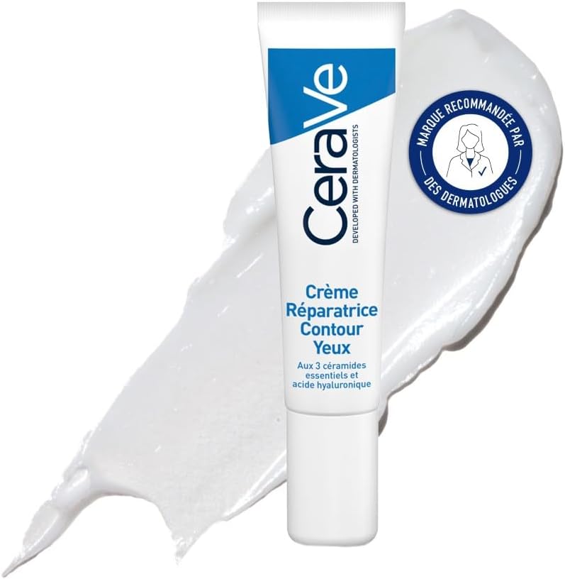 CeraVe - Crème Réparatrice Contour des Yeux - Réduit Poches & Cernes - Crème Yeux Hydratante 24 h - 3 Céramides, Acide Hyaluronique & Extraits de Plantes Marines - Tous Types de Peau - 14 ml