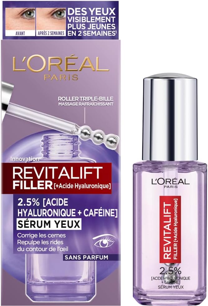 L'Oréal Paris - Sérum Contour des Yeux - Anti-Rides , Anti-Poches & Anti-Cernes - À l'Acide Hyaluronique Pur et à la Caféine - Embout Triple-Bille innovant - Revitalift Filler - 20 ml Sérum Yeux