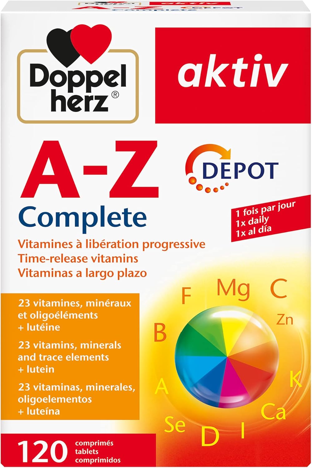 Aktiv A-Z Complete Depot, Complément alimentaire, Vitamines à libération progressive, calcium, magnésium, fer, zinc, biotine, acide folique, 120 comprimés
