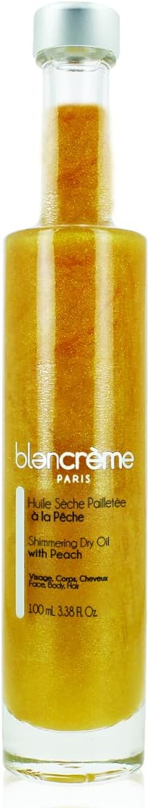 Blancrème - Huile Sèche Pailletée 3 en 1 Hydrate Visage Corps & Cheveux secs et très sec 100ml - Texture non grasse - Parfum pêche- 98,2% d'ingrédients d'origine naturelle - Made in France