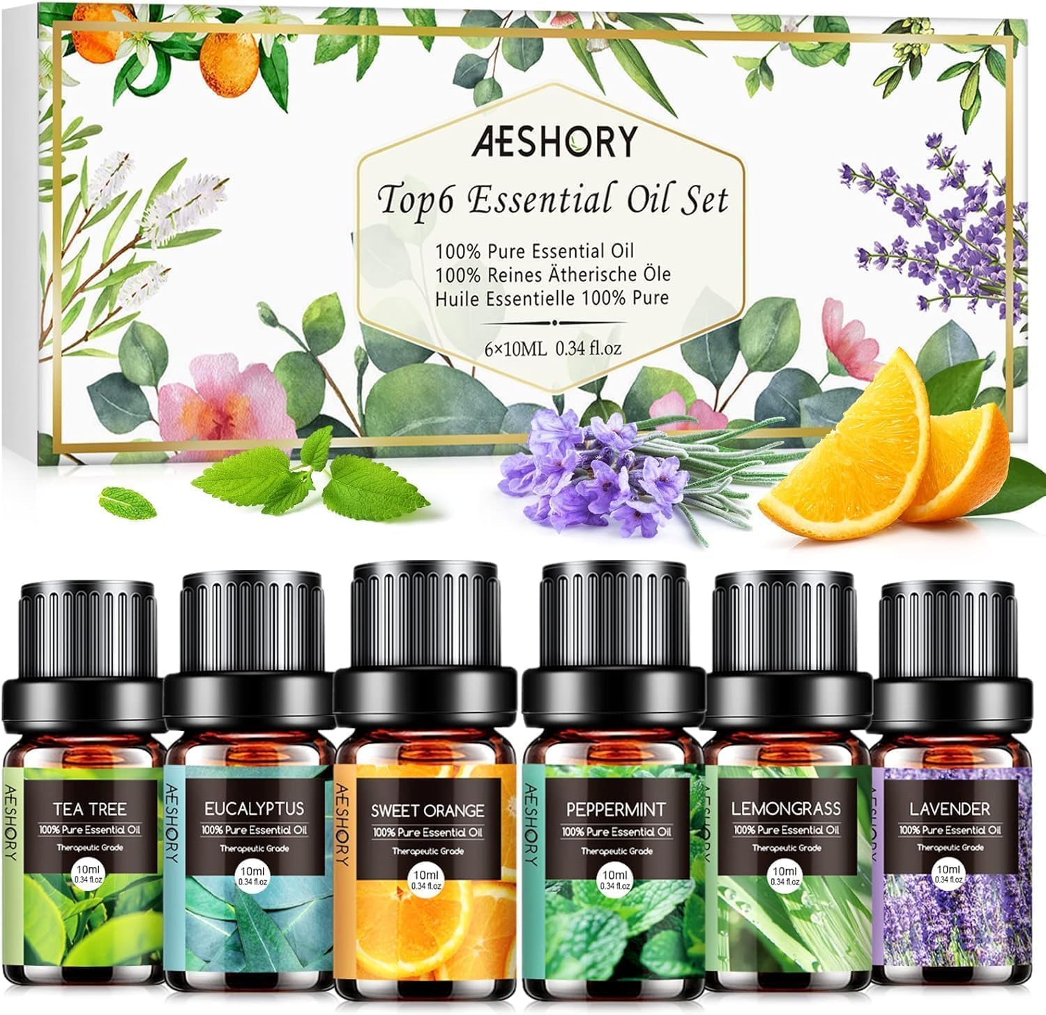 Kit Huiles Essentielles 6x10ML, Huile Essentielle Aromathérapie Pures & Naturelle, pour Diffuseurs, Massage, Yoga - Lavande, Orange Douce, Menthe Poivrée, Arbre à Thé, Citronnelle, Eucalyptus Plantes