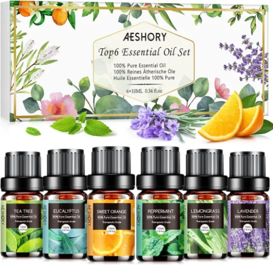 Kit Huiles Essentielles 6x10ML, Huile Essentielle Aromathérapie Pures & Naturelle, pour Diffuseurs, Massage, Yoga - Lavande, Orange Douce, Menthe Poivrée, Arbre à Thé, Citronnelle, Eucalyptus Plantes