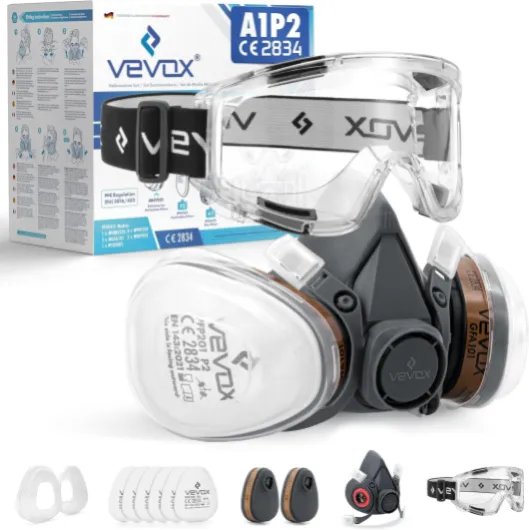 VEVOX® Masque respiratoire avec filtre A1P2 – Protection contre gaz, vapeurs et particules fines de poussière – Pour peinture, ponçagee et travaux – Avec 6 filtres P2 antiparticules et 2 A1 anti-gaz A1p2 Petit set