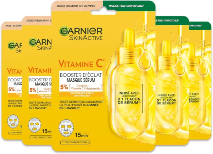 Skin Active - Lot De 5 Masques Tissu Booster D'Éclat - Illumine, Hydrate & Repulpe La Peau - Vitamine C Et Acide Hyaluronique - Vegan & Cruelty Free - Peaux Ternes - x5 Masques tissu (lot de 5)