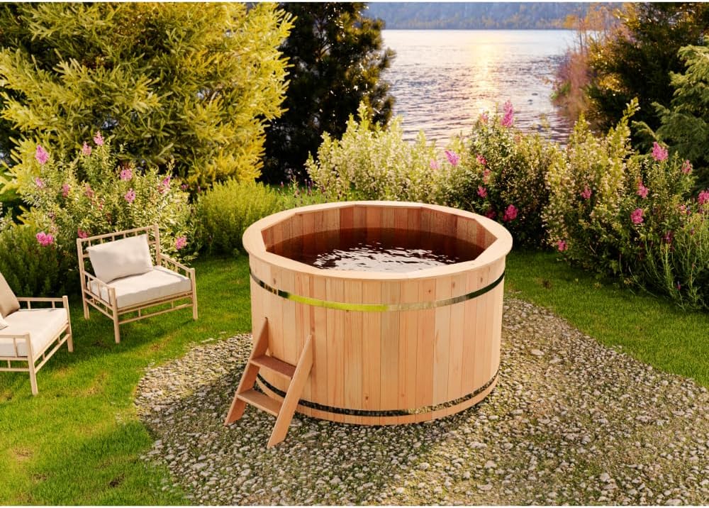Finntherm Tonneau de bain en bois Bergen - Ø 160 x 101 cm - 3-4 personnes - Avec échelle d'entrée de gamme, piscine, baignoire, jacuzzi Ø 160 cm - ohne Ofen