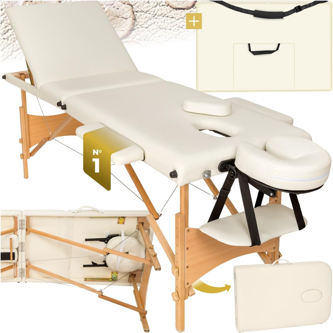 ® Table de Massage Pliante Professionnelle 3 Zones Massage et Relaxation Bois Table Esthetique Professionnel Cosmetique Lit de Massage Portable Repose Bras & Housse de Transport - Beige Sans rouleau de positionnement Beige