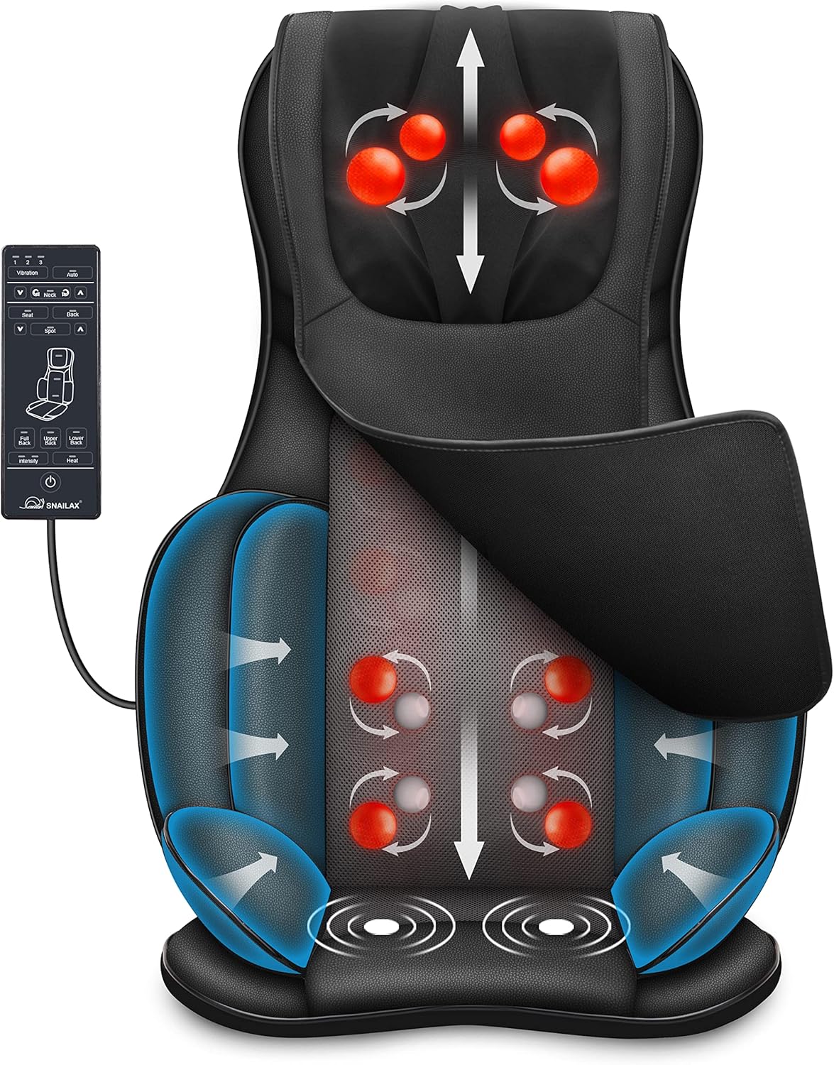 Snailax Siège Massage Shiatsu pour Dos & Cou - Masseur avec 8 Rouleaux et 3 Vibration Réglable, Fauteuil Massant Nuque/Lombaire avec Fonction Chauffage - Cadeau Homme Femme Noël Noir