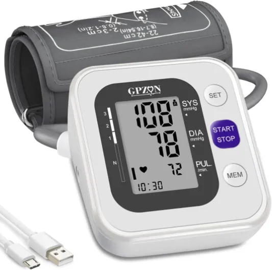 GPZON Tensiomètre Électronique Professionnel Pour Le Haut du Bras, Manchette ajustable 22cm-42cm, Mémoire 2x120, Blanc