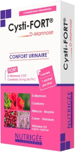 Cysti-Fort Urinaire 7 Jours NUTRIGÉE - D-Mannose, Cranberry, Bruyère, Hibiscus, Cuivre, Sélénium & Vitamine D3 - Infection Urinaire, Confort Urinaire Femme, Élimination & Immunité - 7 Sachets 7 unité (Lot de 1)