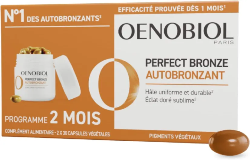 Autobronzant Perfect Bronze - Efficace Dès Le 1Er Mois Sans Soleil - Concentration De 5 Pigments 100% D'Origine Végétale - Complément Alimentaire 2X30 Capsules - Programme 2 Mois 1 unité (Lot de 1)