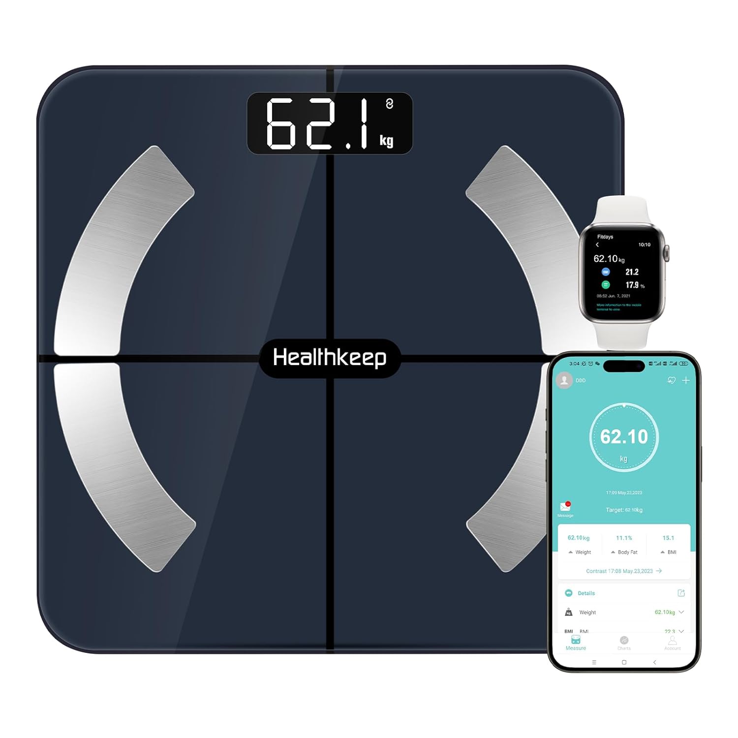 Healthkeep Pèse Personne Numériques, Balance Connectée Bluetooth Impédancemètre avec 13 Données Corporelles (BMI/Graisse Corporelle/Masse Osseuse/BMR/Muscle/Eau) pour APP Max 180kg Bleu260