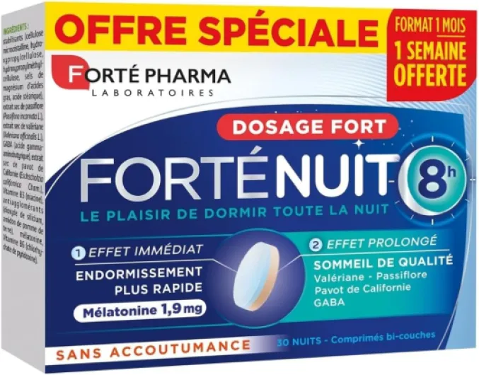 ForteNuit 8h - Complement Alimentaire Sommeil adulte à base de melatonine 1.9mg, GABA, Valériane Passiflore - Endormissement rapide favorisé, Douce nuit - 30 comprimés Bi-couches FortéNuit 8H 30 comprimés