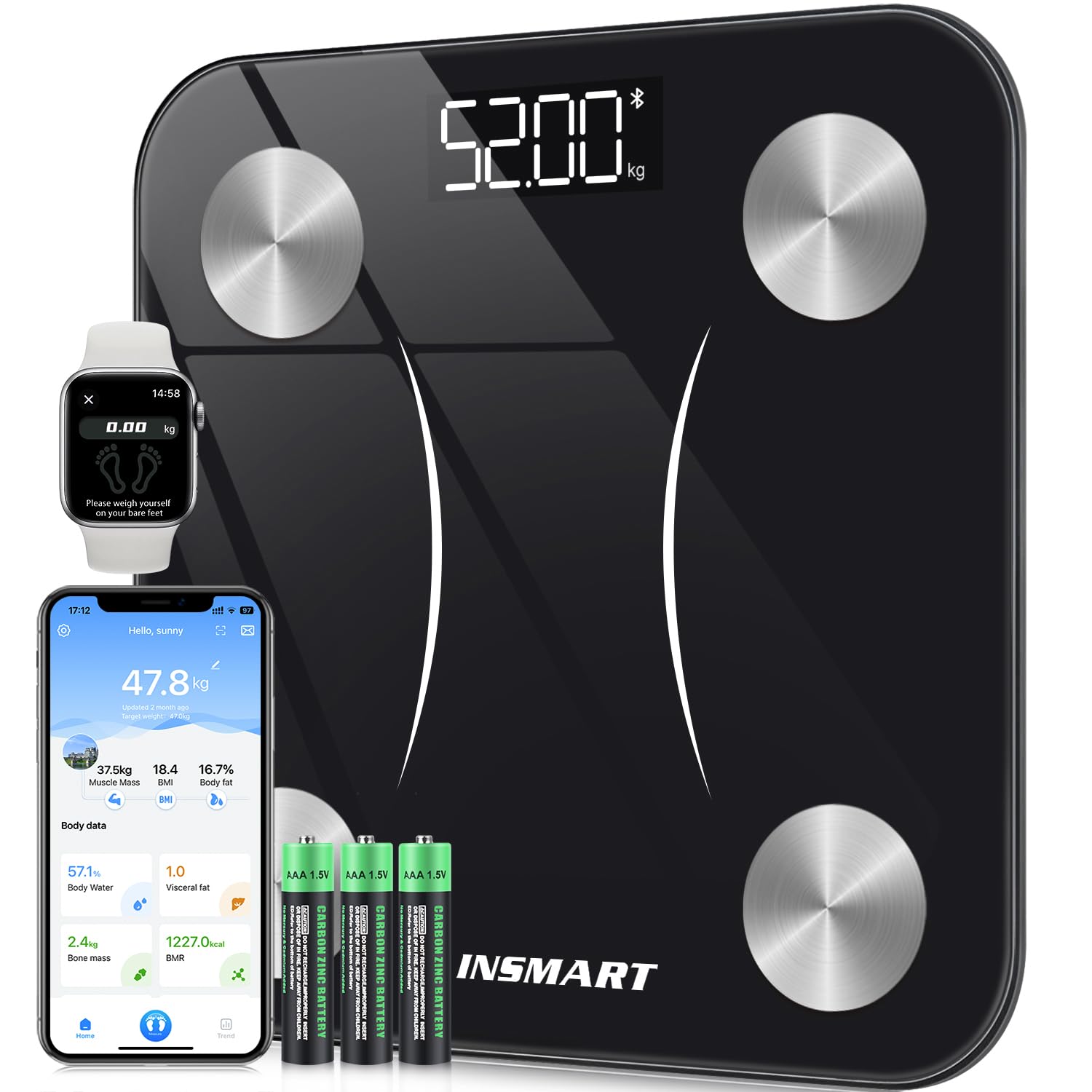 Insmart Balance Pese Personne, Balance Connectée avec apps, Pese Personnes mesure de la balance 16 données corporelles (IMC/graisse corporelle/BMR/muscle, etc.), affichage LED, très précis Noir