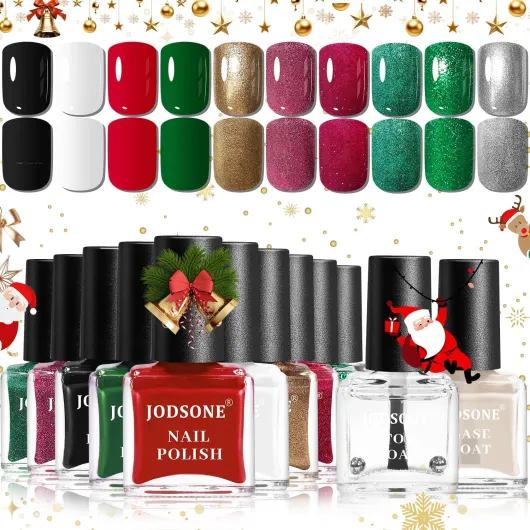 Lot de 12 vernis à ongles avec 10 de couleurs de Noël, 2 bases et top coat, vernis à ongles à séchage rapide, super cadeau de beauté de Noël pour elle HL203-204